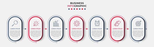 vector de plantilla de diseño infográfico empresarial con iconos y 7 opciones o pasos. se puede utilizar para diagramas de proceso, presentaciones, diseño de flujo de trabajo, pancarta, diagrama de flujo, gráfico de información