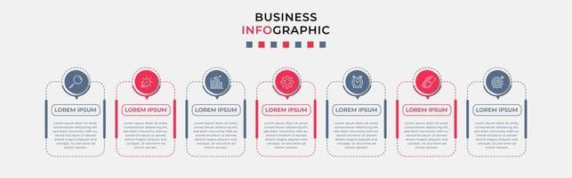 Business Infographic design template Vector with icons and 7 options or steps. Can be used for process diagram, presentations, workflow layout, banner, flow chart, info graph