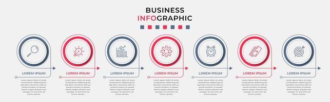 Business Infographic design template Vector with icons and 7 options or steps. Can be used for process diagram, presentations, workflow layout, banner, flow chart, info graph