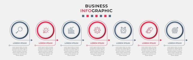 vector de plantilla de diseño infográfico empresarial con iconos y 7 opciones o pasos. se puede utilizar para diagramas de proceso, presentaciones, diseño de flujo de trabajo, pancarta, diagrama de flujo, gráfico de información