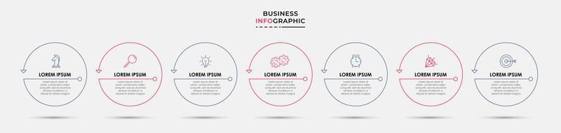 Business Infographic design template Vector with icons and 7 options or steps. Can be used for process diagram, presentations, workflow layout, banner, flow chart, info graph