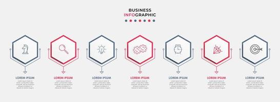 Business Infographic design template Vector with icons and 7 options or steps. Can be used for process diagram, presentations, workflow layout, banner, flow chart, info graph