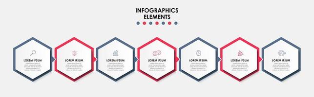 Business Infographic design template Vector with icons and 7 options or steps. Can be used for process diagram, presentations, workflow layout, banner, flow chart, info graph