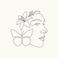 cabeza de mujer dibujada a mano con mariposa y flor cara de belleza ilustración de arte de línea mínima vector