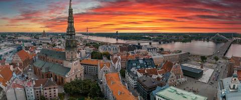 Establishing aerial Bird eye view shot of Riga, Riga skyline, Latvia. photo