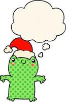 cute cartoon frog wearing christmas hat and thought bubble in comic book style vector
