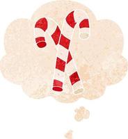 cartoon candy canes and thought bubble in retro textured style vector