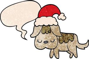 lindo perro navideño y burbuja de habla en estilo de textura retro vector