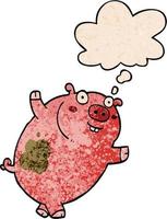 funny cartoon pig and thought bubble in grunge texture pattern style vector