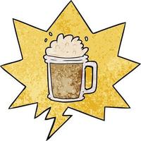 Pinta de dibujos animados de cerveza y burbuja de habla en estilo de textura retro vector