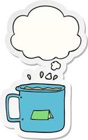 cartoon camping mug and thought bubble as a printed sticker vector