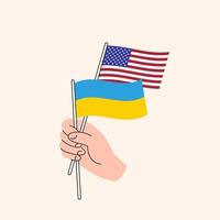 Cartoon Hand Holding United States And Ukrainian Flags. US Ukraine Relationships. Concept of Diplomacy, Politics And Democratic Negotiations. Ukraine as Independent Nation, Flat Design Isolated Vector