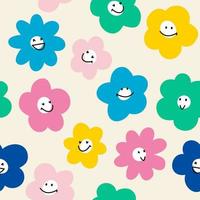 Abstract Flowers With Various Emotions, Seamless Pattern. Crayon Drawing Style. Different Cartoon Colorful Flower Characters,Flat design. Hand drawn Trendy Vector Illustration.