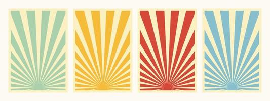 conjunto de 4, afiches verticales de inspiración retro, diferentes plantillas de fondo de propaganda promocional de rayos solares. fondos de collage de papel verde, amarillo, rojo y azul.