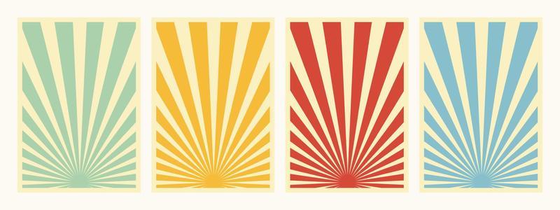 Set of 4, Retro Inspired Vertical Posters, Different Sunburst Promo Propaganda Background Templates. Green, Yellow, Red And Blue Paper Collage Backdrops.