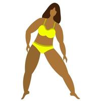 A Latino American girl is engaged in gymnastics. Body positive. Vector illustration. Isolated white background. Lady with bob hairstyle. Woman in yellow bikini. Flat style. Love for your body.