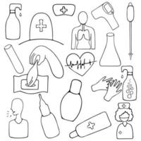 Medical set. Collection of healthcare elements for web design. Vector illustration. Coloring book for children. Contour on an isolated background. Health topics. Doodle style. Sketch.