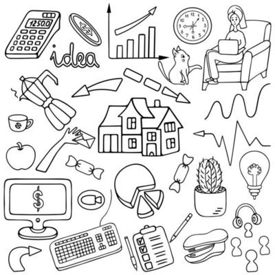 Work online. Home Office. Set of vector elements. Contour on an isolated white background. Doodle style. Sketch. Coloring book for children. Business collection. Lettering. Stay at home. Distance.