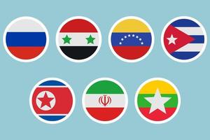 Flags of different countries. A set of stickers on a white backing. Collection of vector icons. Isolated background. Russia, Syria, Venezuela, Cuba, North Korea, Iran, Myanmar. National symbol