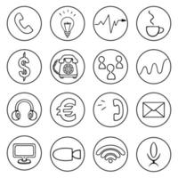 Icon set. Business subjects. Vector. Doodle style. Thumbnails. Outline on an isolated white background. Collection of elements in a circle. Currency, calls, communications, ideas, charts. vector