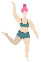 Girl dancing. Body positive. Lady with pink hair in a bun. Vector stock illustration. Isolated white background. Attractive overweight woman. Confident lady in sportswear. Flat style. Plus size model.