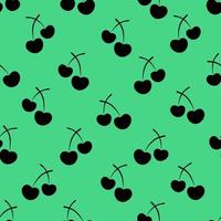 Cherries. Silhouette. Repeating vector pattern. Outline on an isolated green background. Flat style. Seamless berry ornament. Sweet fruit from the farm. Idea for web design, packaging, wallpaper.