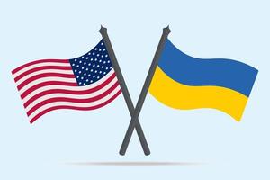 Flag of Ukraine and America. The banners are crossed and cast a shadow. Color vector illustration. Symbols of the states. Political themes. Flat style. National sign. Isolated blue background.