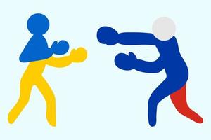 Two boxers are fighting. People are painted in the colors of the flags of Russia and Ukraine. Colored vector icon. Athletes in boxing gloves are boxing. The men strike with their fists.