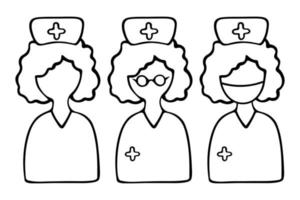 Nurses in a cap with a cross. One in glasses, the other in a medical mask. Vector set of icons. Doctor anonymous. Outline on an isolated background. Doodle style.The subject of health. Sketch.