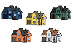 Modern mansion. Cottage. Cozy place to live. Set of vector illustrations. Isolated white background. Cartoon style. Houses with windows, doors and garage. Illustration for web design