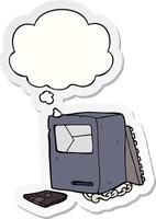 cartoon broken old computer and thought bubble as a printed sticker vector