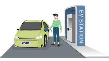 Parada de color verde del coche muscular electrónico en el estacionamiento. hombre que sostiene una fuente de alimentación para alimentar un automóvil desde una estación ev. vector o ilustración sobre fondo blanco aislado.