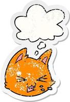 spitting cartoon cat face and thought bubble as a distressed worn sticker vector