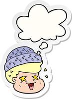 cartoon boy wearing hat and thought bubble as a printed sticker vector