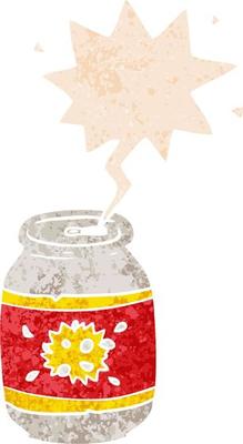 cartoon soda can and speech bubble in retro textured style