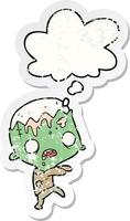 cartoon zombie and thought bubble as a distressed worn sticker vector