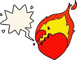 cartoon flaming heart and speech bubble in comic book style vector
