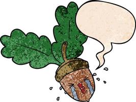 cartoon crying acorn and speech bubble in retro texture style vector