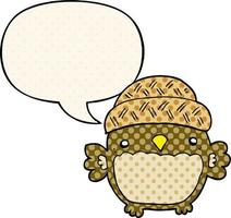 cute cartoon owl in hat and speech bubble in comic book style vector