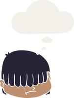 cartoon face with hair over eyes and thought bubble in retro style vector