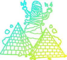 línea de gradiente frío dibujo dibujos animados momia y pirámides vector