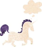 cartoon unicorn and thought bubble in retro textured style vector