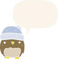 cute cartoon owl in hat and speech bubble in retro style vector