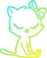 cold gradient line drawing cute cartoon cat with bow vector