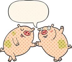 cartoon pigs dancing and speech bubble in comic book style vector