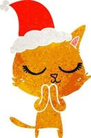 calm retro cartoon of a cat wearing santa hat vector