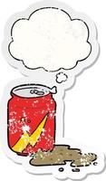 cartoon soda can and thought bubble as a distressed worn sticker vector