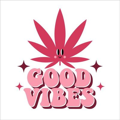 70s trippy good vibes slogan. Groovy print for graphic tee with cannabis cartoon character.