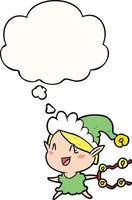 cartoon happy christmas elf and thought bubble vector