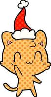 comic book style illustration of a happy cat wearing santa hat vector